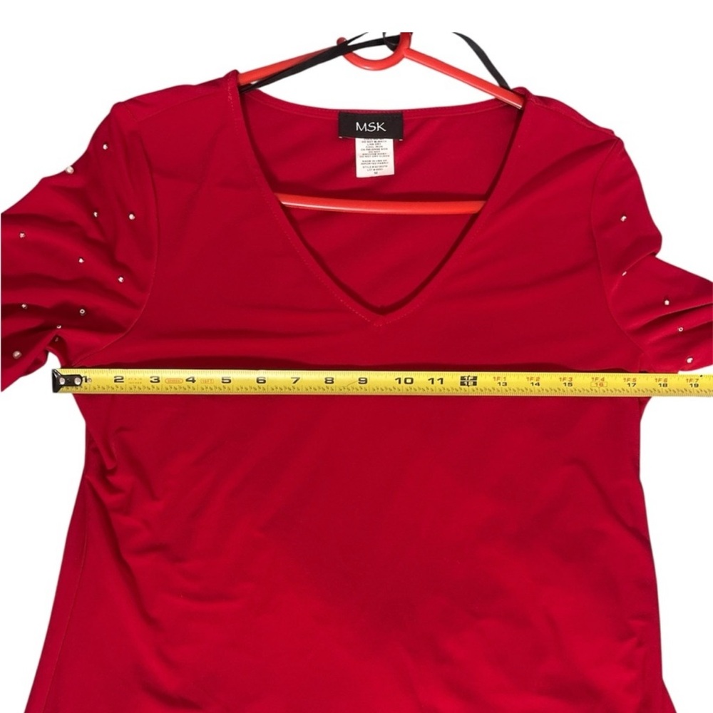 NWT MSK Red V-Neck Blouse With Embellished Beads/Pearl Sleeves Women’s Sz Medium - Picture 8 of 11